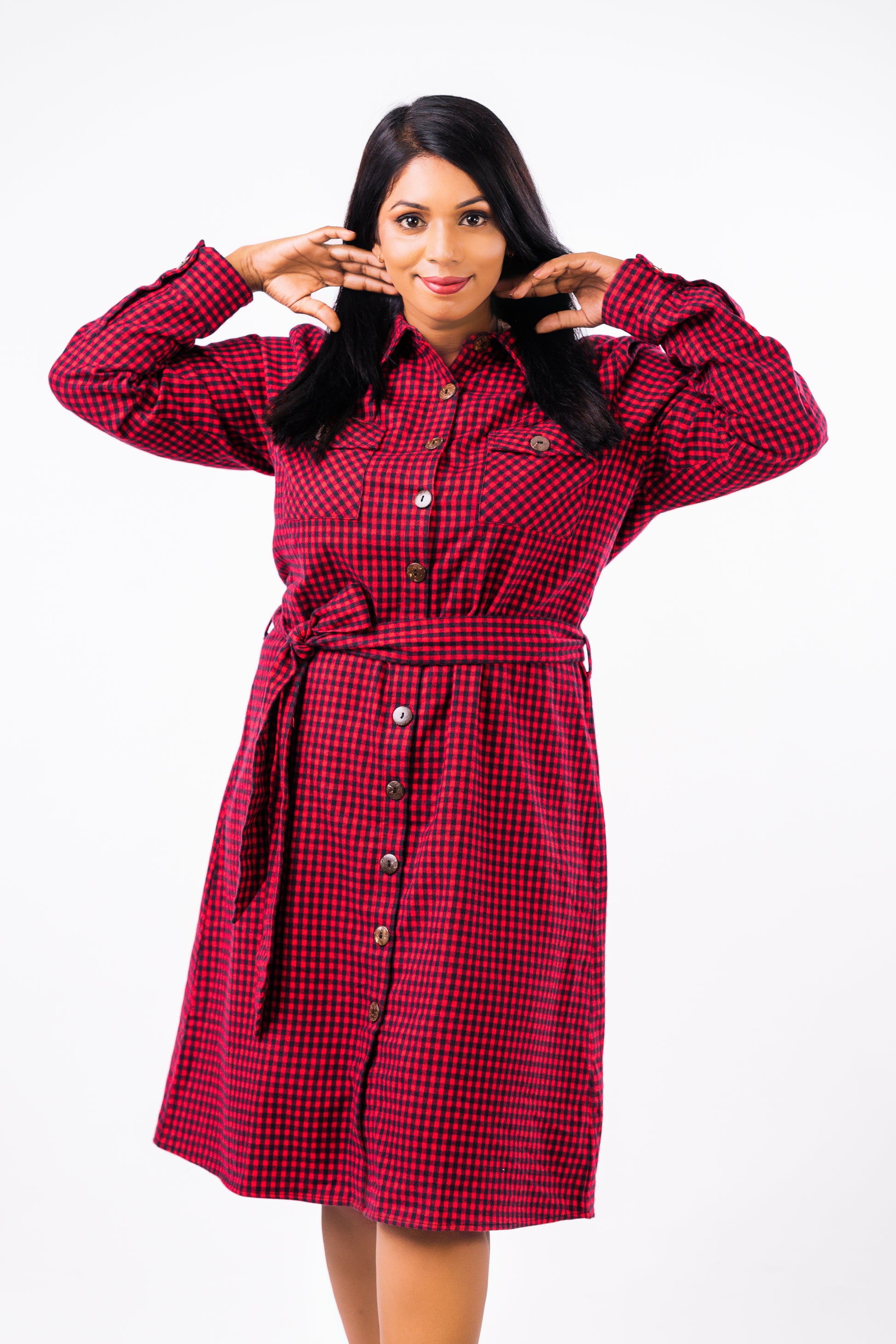 Plaid Cotton Belted Dress Red & Black 1 / XL Plaid Cotton Belted Dress Red & Black 1 / XL