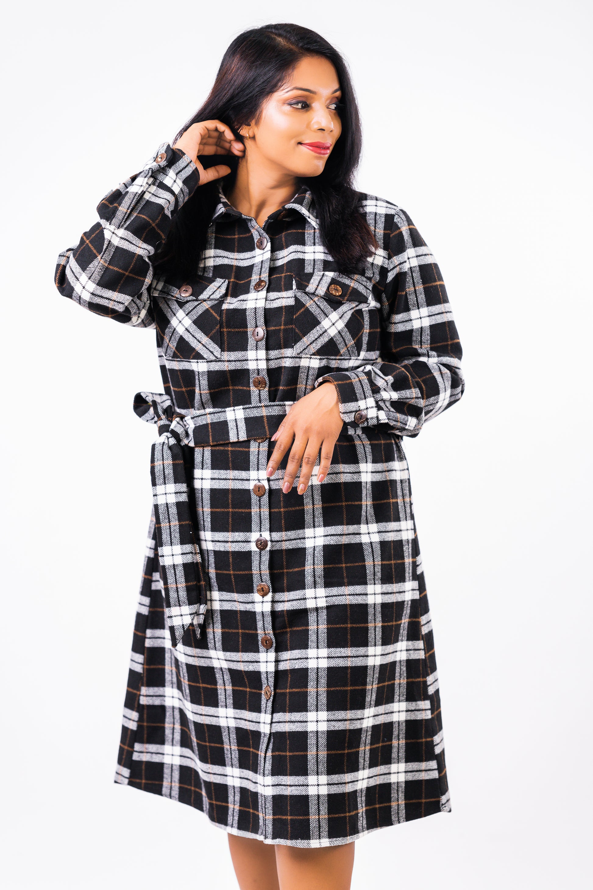 Plaid Cotton Belted Dress Black / L