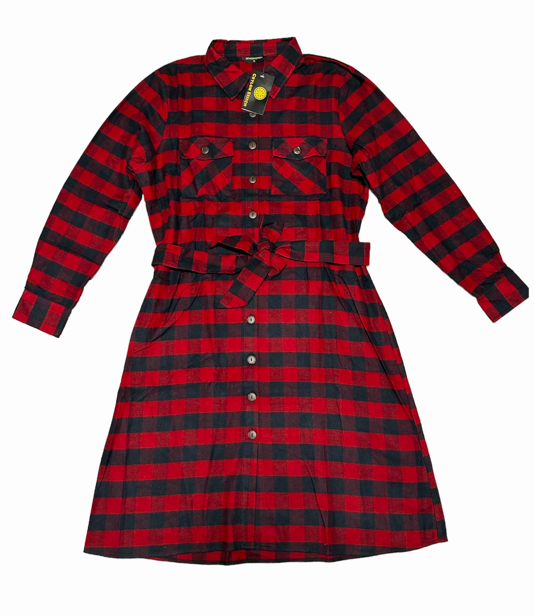 Plaid Cotton Belted Dress Red & Black 2 / 2XL Plaid Cotton Belted Dress Red & Black 2 / 2XL
