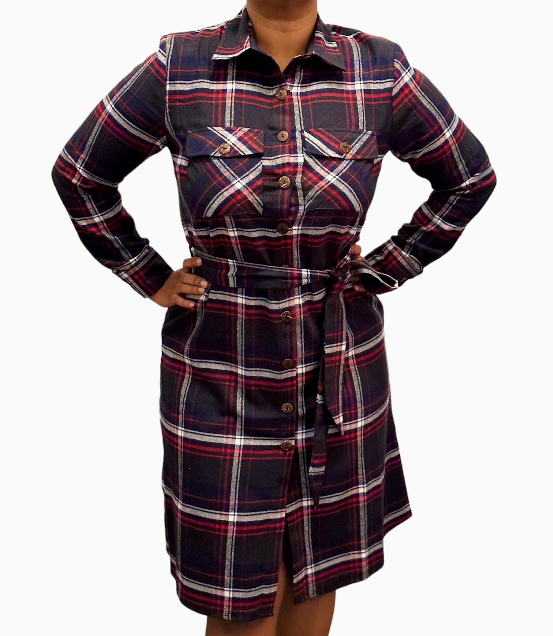 Plaid Cotton Belted Dress Black Red White / 2XL Plaid Cotton Belted Dress Black Red White / 2XL