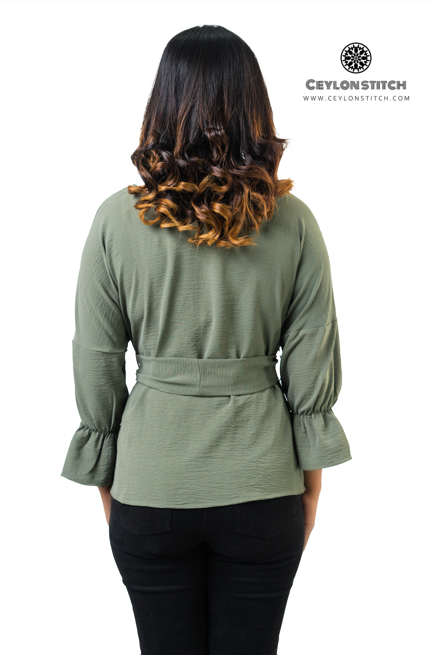 Women's V-Neck Self-Tie Belted 3/4 Sleeve Blouse