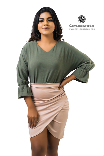 Women's V-Neck Self-Tie Belted 3/4 Sleeve Blouse