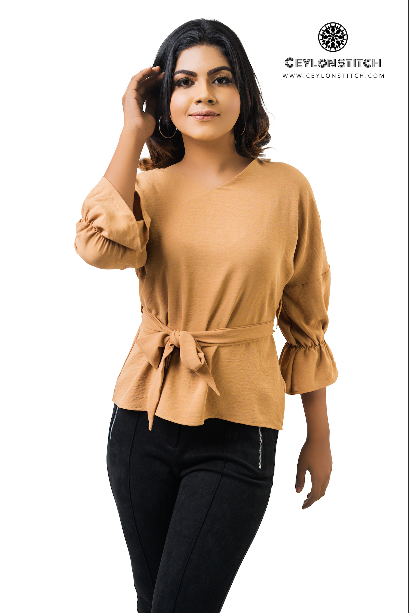 Women's V-Neck Self-Tie Belted 3/4 Sleeve Blouse
