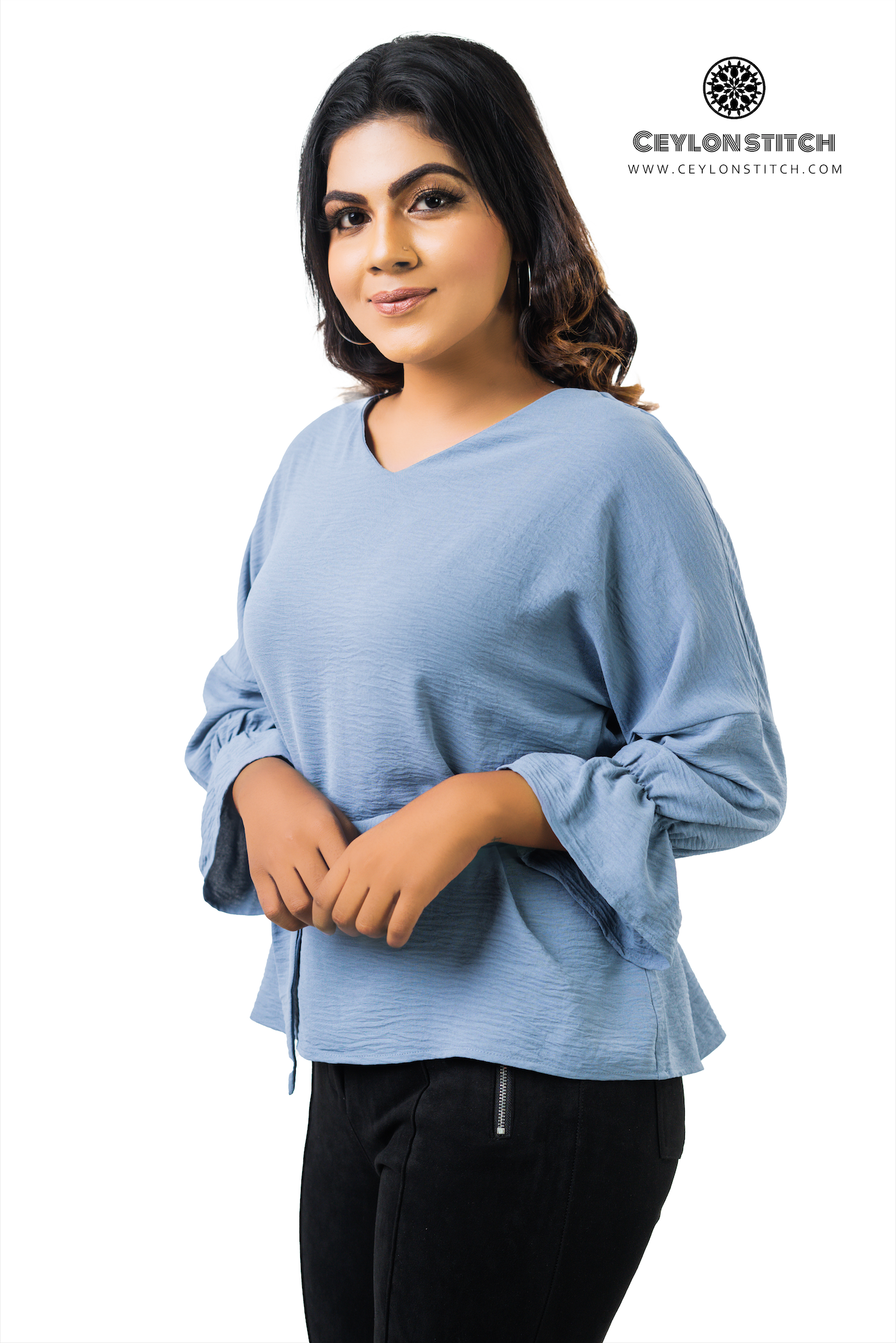 Women's V-Neck Self-Tie Belted 3/4 Sleeve Blouse