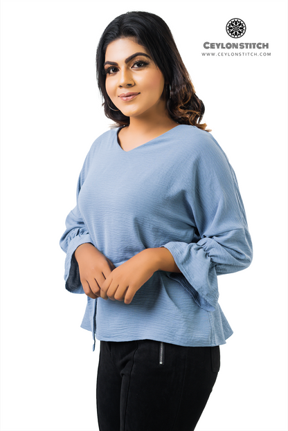 Women's V-Neck Self-Tie Belted 3/4 Sleeve Blouse