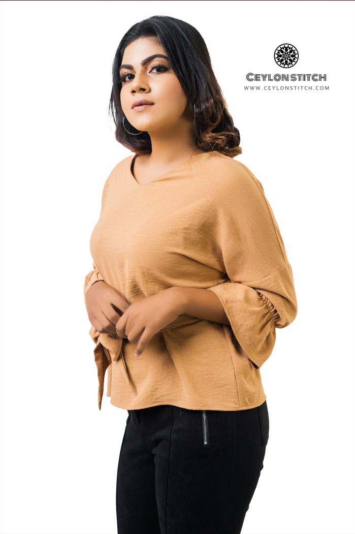Women's V-Neck Self-Tie Belted 3/4 Sleeve Blouse